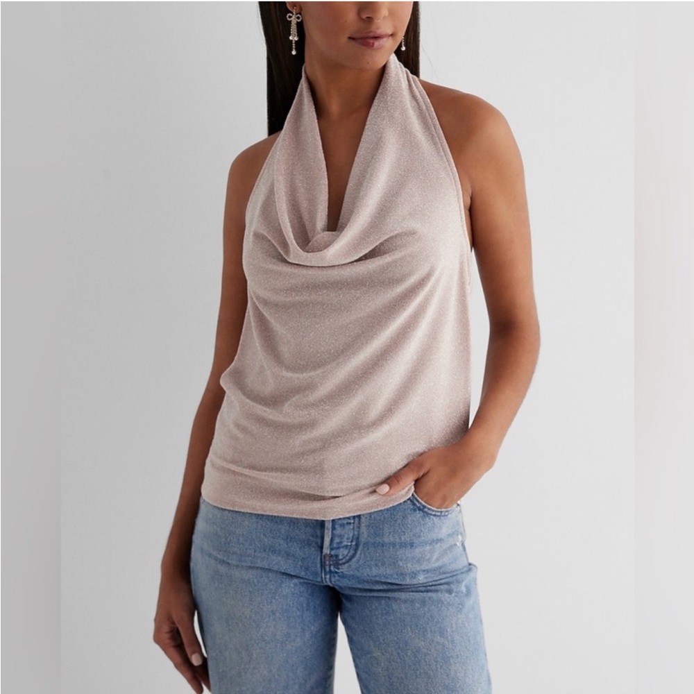 Express Shine Draped Cowl Halter Neck Tank in Pink